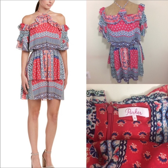 Parker Lorenza Silk Sun Dress Red Blue Size Small NWOT